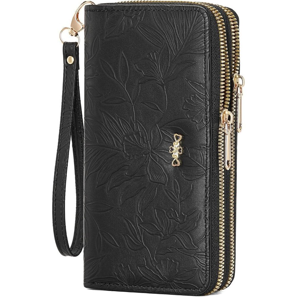 Leather Women's Wallet Clutch Double Zip Large Capacity RFID Security